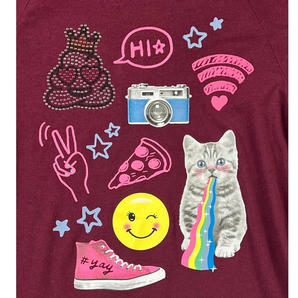Justice Hoodie Kids Size 12 Burgundy Layered Graphic Cat Emoji Long Sleeve Top